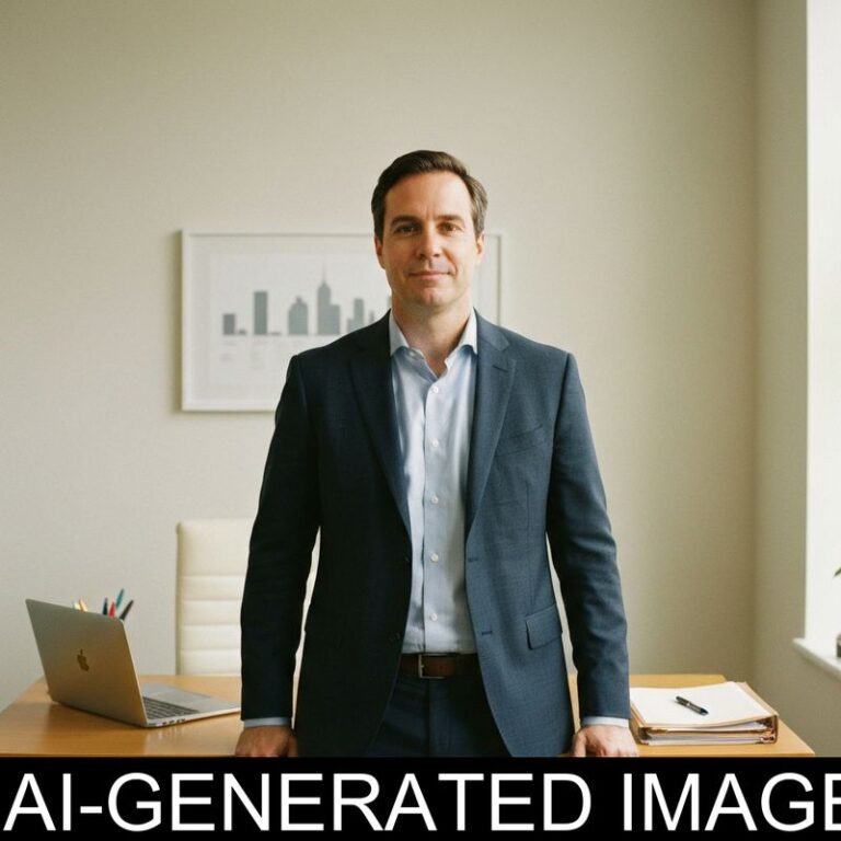 AI-generated: A photograph of a CEO. Condition B · agentic pipeline, Anthropic brains, Imagen 4 Fast (US)