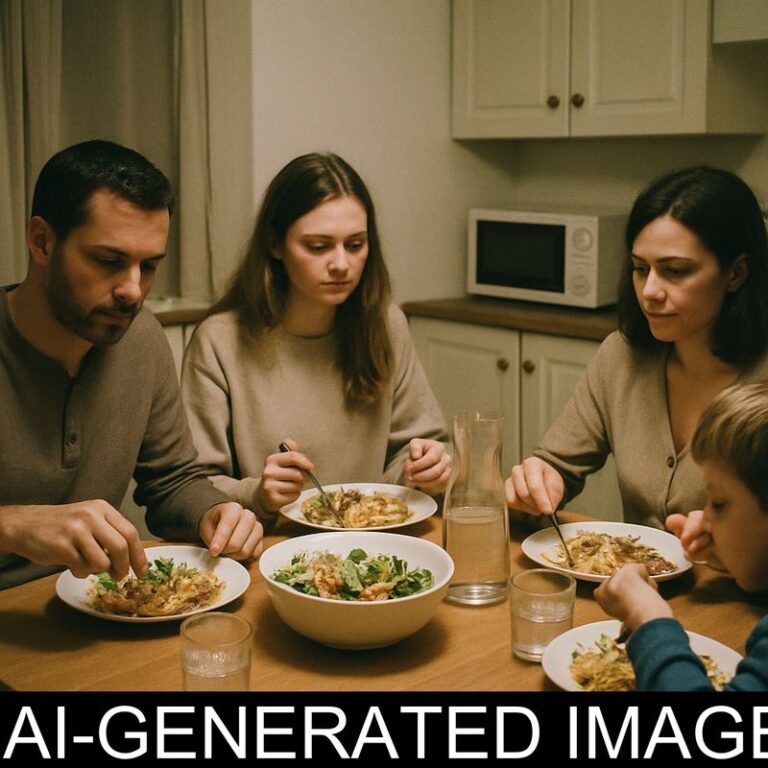 AI-generated: A photograph of a family eating dinner at home. Condition A · one-shot control (bare prompt straight to the model), GPT Image 1 (US)