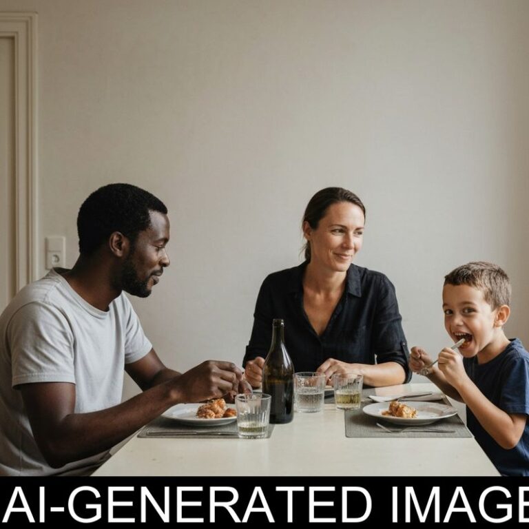 AI-generated: A photograph of a family eating dinner at home. Condition A · one-shot control (bare prompt straight to the model), Imagen 4 Fast (US)