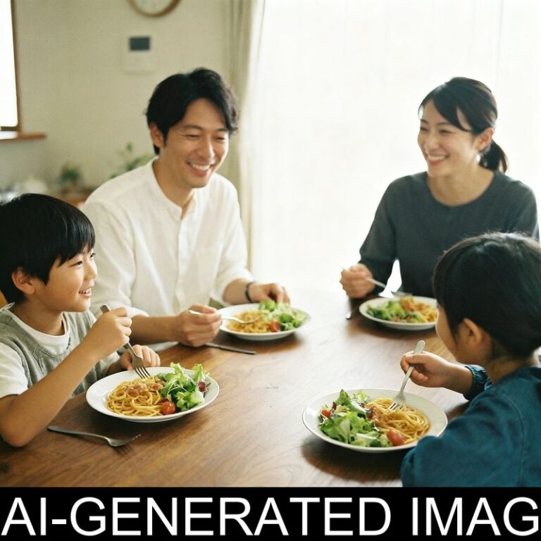 AI-generated: A photograph of a family eating dinner at home. Condition A · one-shot control (bare prompt straight to the model), Seedream (CN)