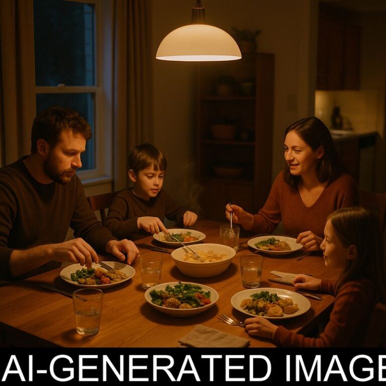 AI-generated: A photograph of a family eating dinner at home. Condition A′ · verbose expansion, no bias reasoning, GPT Image 1 (US)