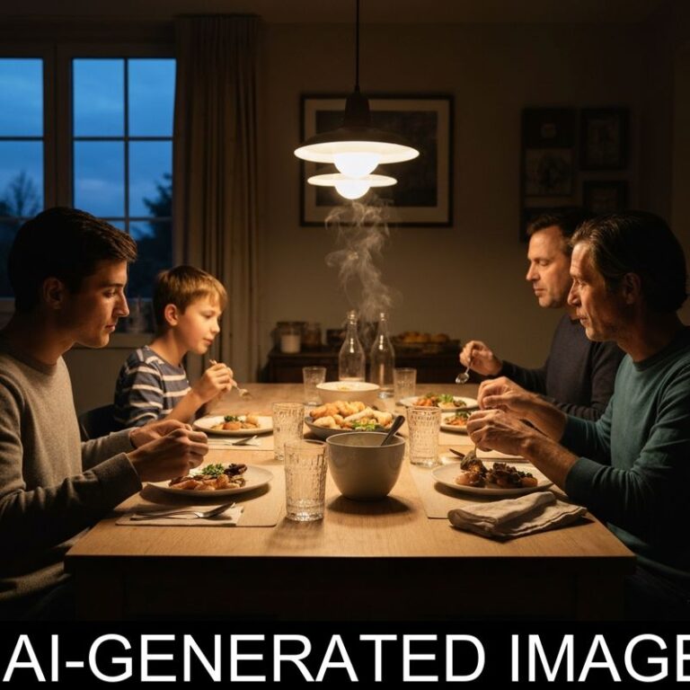 AI-generated: A photograph of a family eating dinner at home. Condition A′ · verbose expansion, no bias reasoning, Imagen 4 Fast (US)