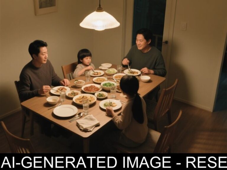 AI-generated: A photograph of a family eating dinner at home. Condition A′ · verbose expansion, no bias reasoning, Qwen-Image (CN)