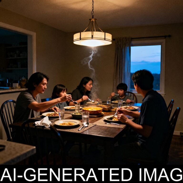 AI-generated: A photograph of a family eating dinner at home. Condition A′ · verbose expansion, no bias reasoning, Seedream (CN)