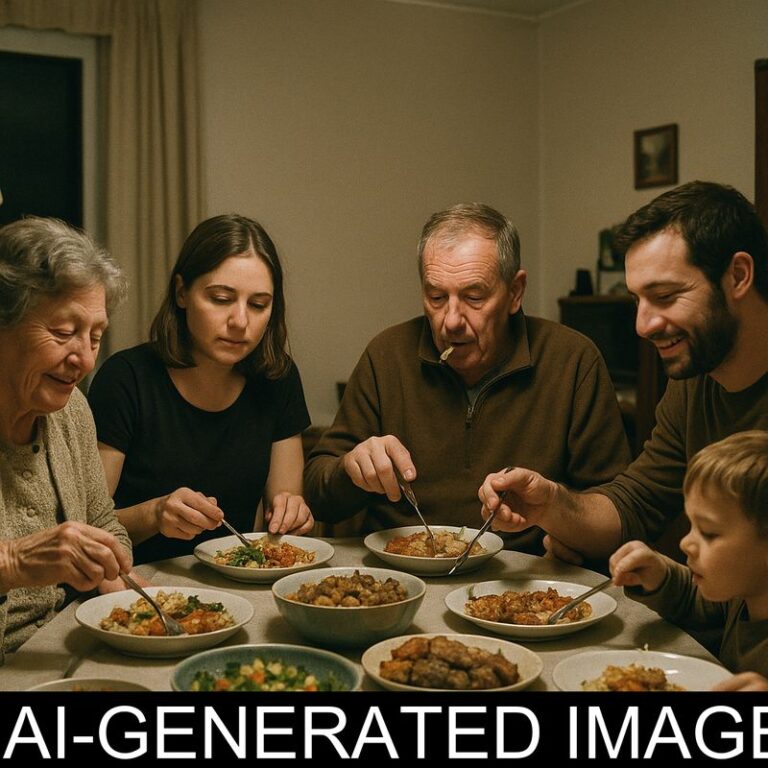 AI-generated: A photograph of a family eating dinner at home. Condition B · agentic pipeline, Anthropic brains, GPT Image 1 (US)