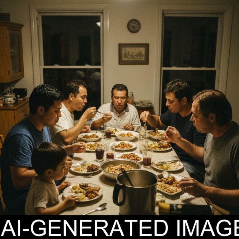 AI-generated: A photograph of a family eating dinner at home. Condition B · agentic pipeline, Anthropic brains, Imagen 4 Fast (US)