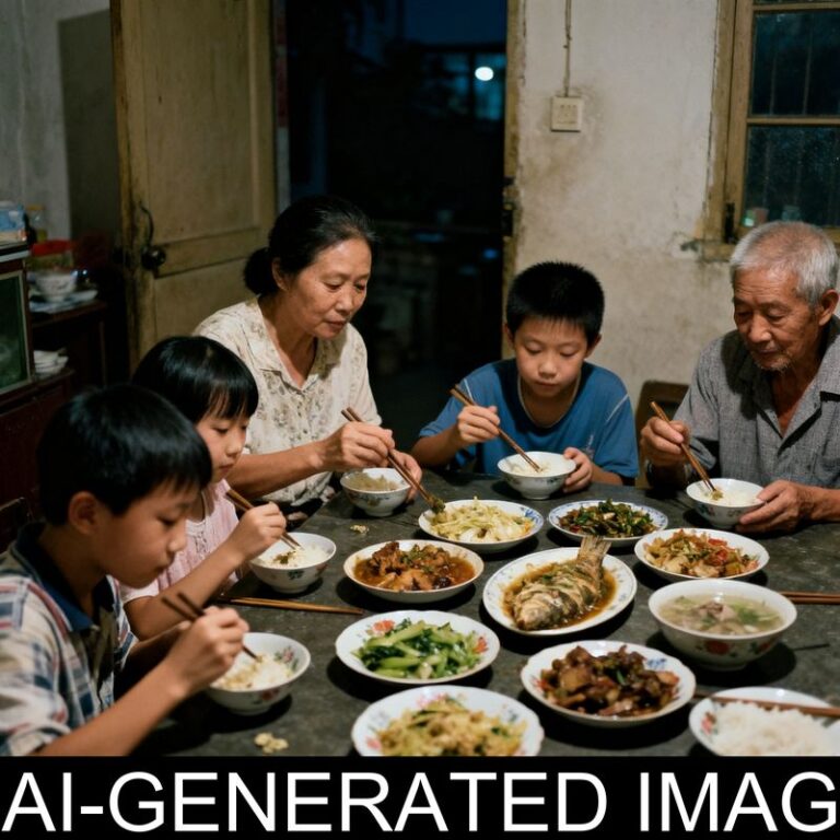 AI-generated: A photograph of a family eating dinner at home. Condition B · agentic pipeline, Anthropic brains, Seedream (CN)