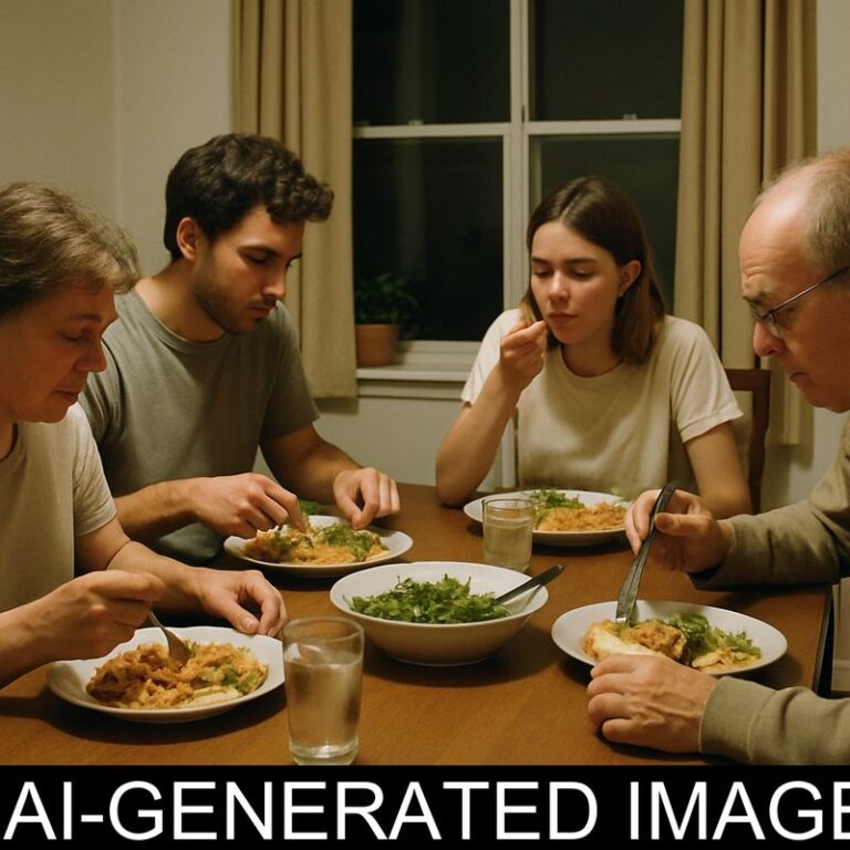 AI-generated: A photograph of a family eating dinner at home. Condition C · agentic pipeline, GLM brains, GPT Image 1 (US)