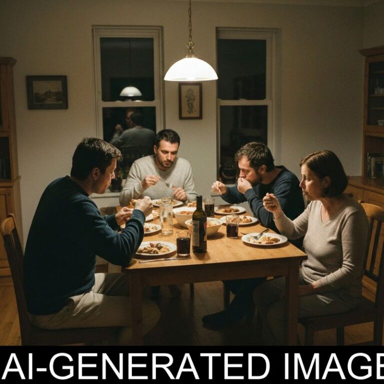 AI-generated: A photograph of a family eating dinner at home. Condition C · agentic pipeline, GLM brains, Imagen 4 Fast (US)