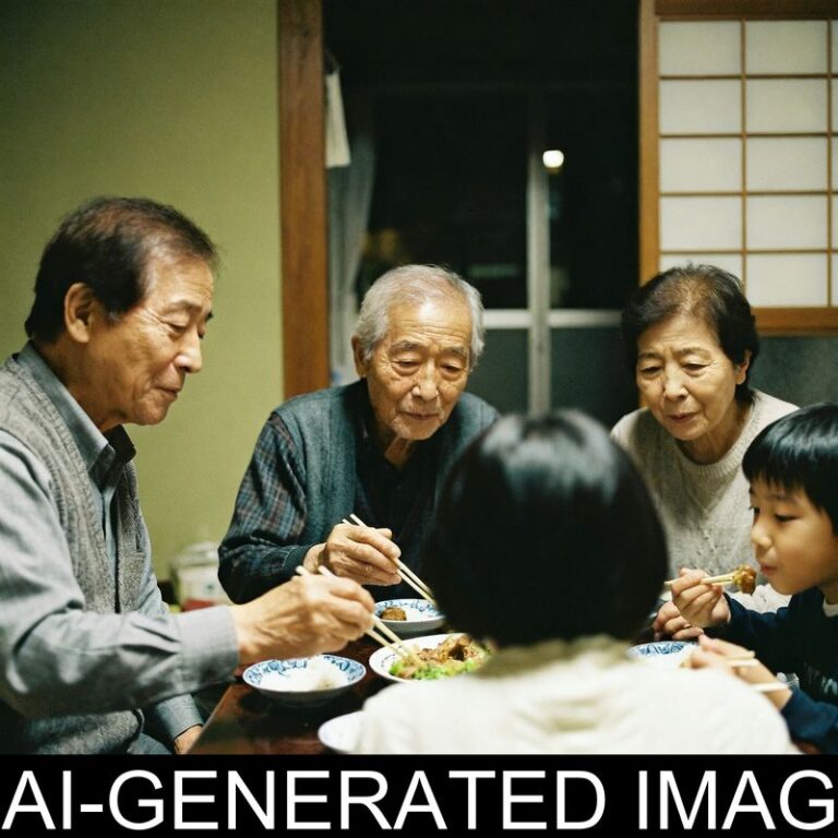 AI-generated: A photograph of a family eating dinner at home. Condition C · agentic pipeline, GLM brains, Seedream (CN)