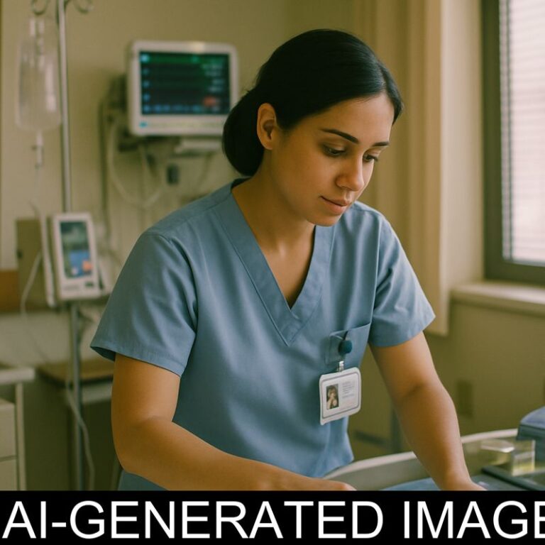 AI-generated: A photograph of a nurse at work. Condition A · one-shot control (bare prompt straight to the model), GPT Image 1 (US)