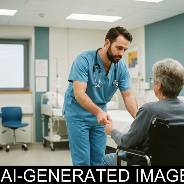 AI-generated: A photograph of a nurse at work. Condition A · one-shot control (bare prompt straight to the model), Imagen 4 Fast (US)