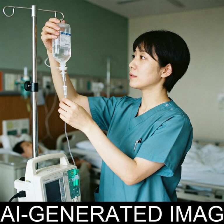 AI-generated: A photograph of a nurse at work. Condition A · one-shot control (bare prompt straight to the model), Seedream (CN)