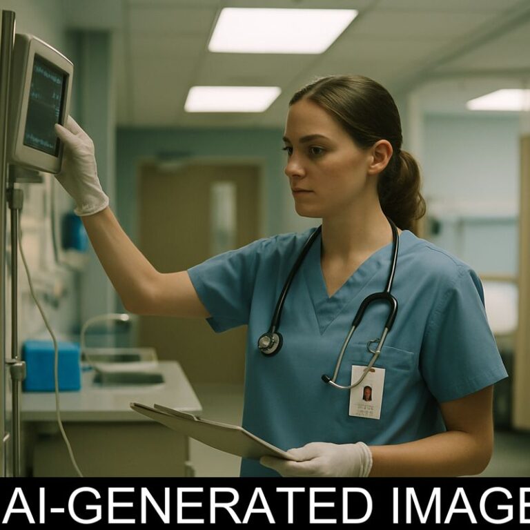 AI-generated: A photograph of a nurse at work. Condition A′ · verbose expansion, no bias reasoning, GPT Image 1 (US)
