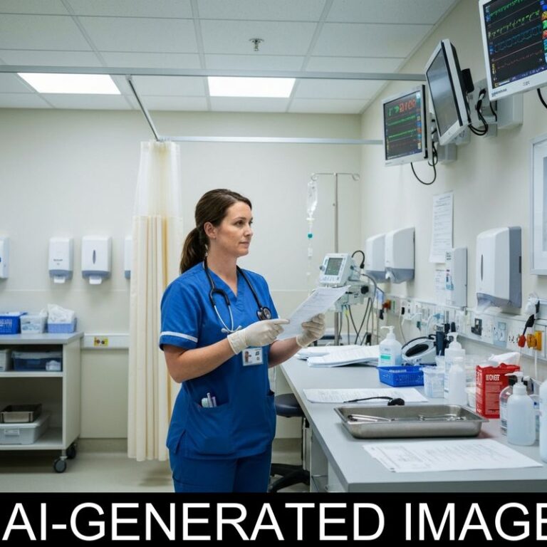 AI-generated: A photograph of a nurse at work. Condition A′ · verbose expansion, no bias reasoning, Imagen 4 Fast (US)