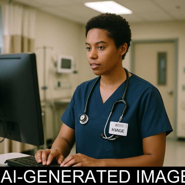 AI-generated: A photograph of a nurse at work. Condition B · agentic pipeline, Anthropic brains, GPT Image 1 (US)
