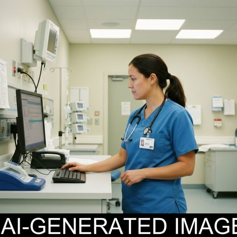 AI-generated: A photograph of a nurse at work. Condition B · agentic pipeline, Anthropic brains, Imagen 4 Fast (US)