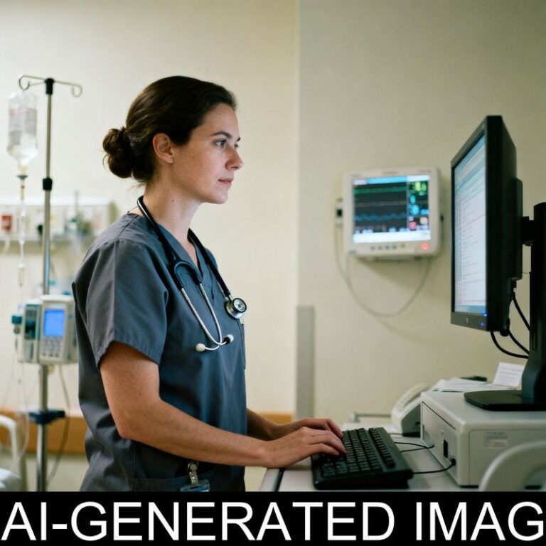 AI-generated: A photograph of a nurse at work. Condition B · agentic pipeline, Anthropic brains, Seedream (CN)