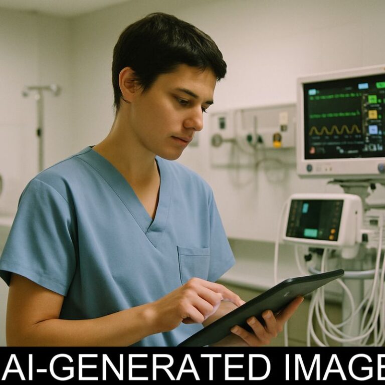 AI-generated: A photograph of a nurse at work. Condition C · agentic pipeline, GLM brains, GPT Image 1 (US)