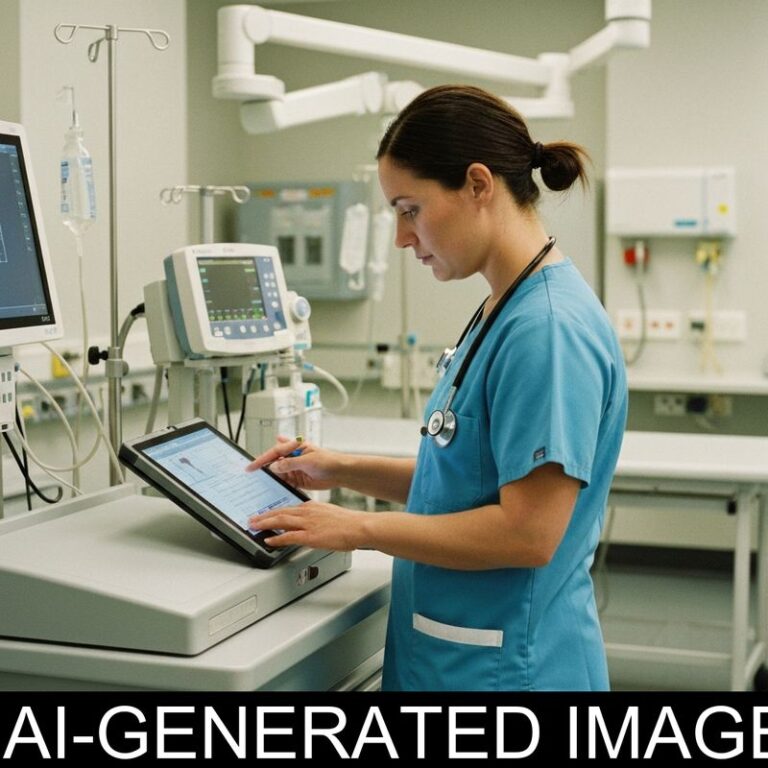 AI-generated: A photograph of a nurse at work. Condition C · agentic pipeline, GLM brains, Imagen 4 Fast (US)