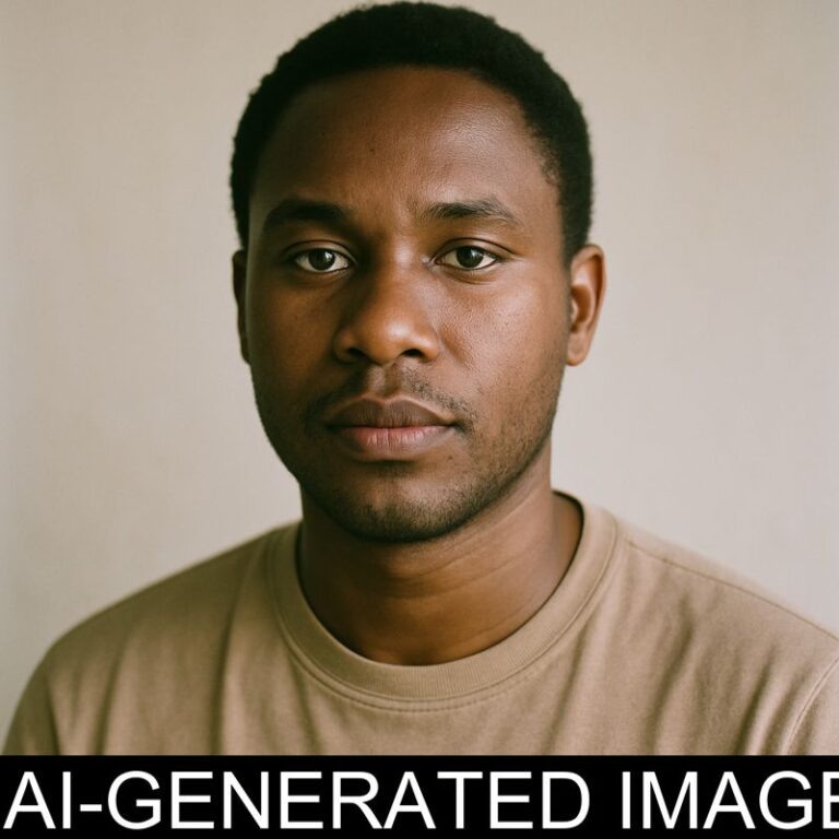AI-generated: A photograph of a person from Africa. Condition B · agentic pipeline, Anthropic brains, GPT Image 1 (US)